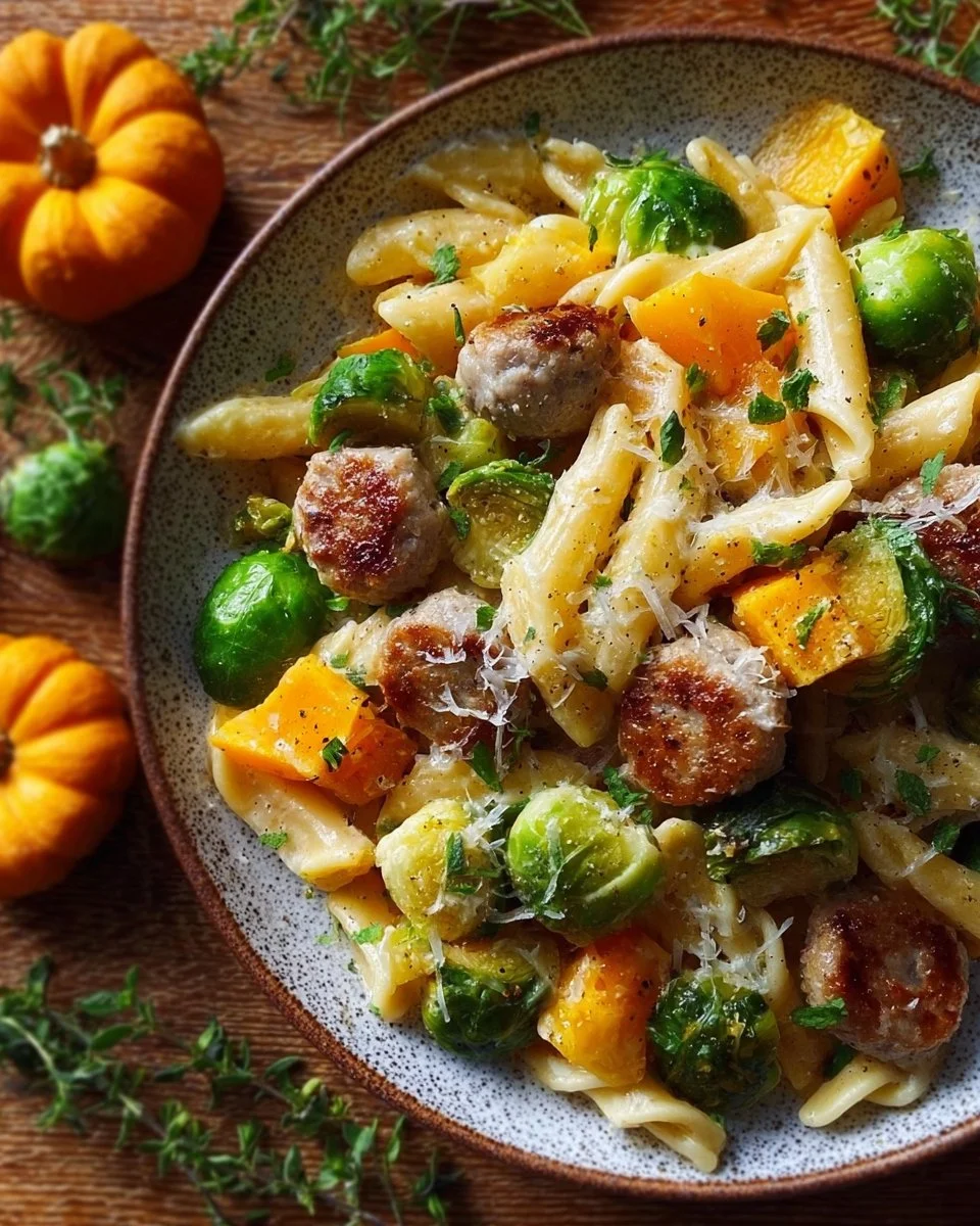 Autumn dinner featuring sausage, pasta, Brussels sprouts, and butternut squash in garlic butter sauce.