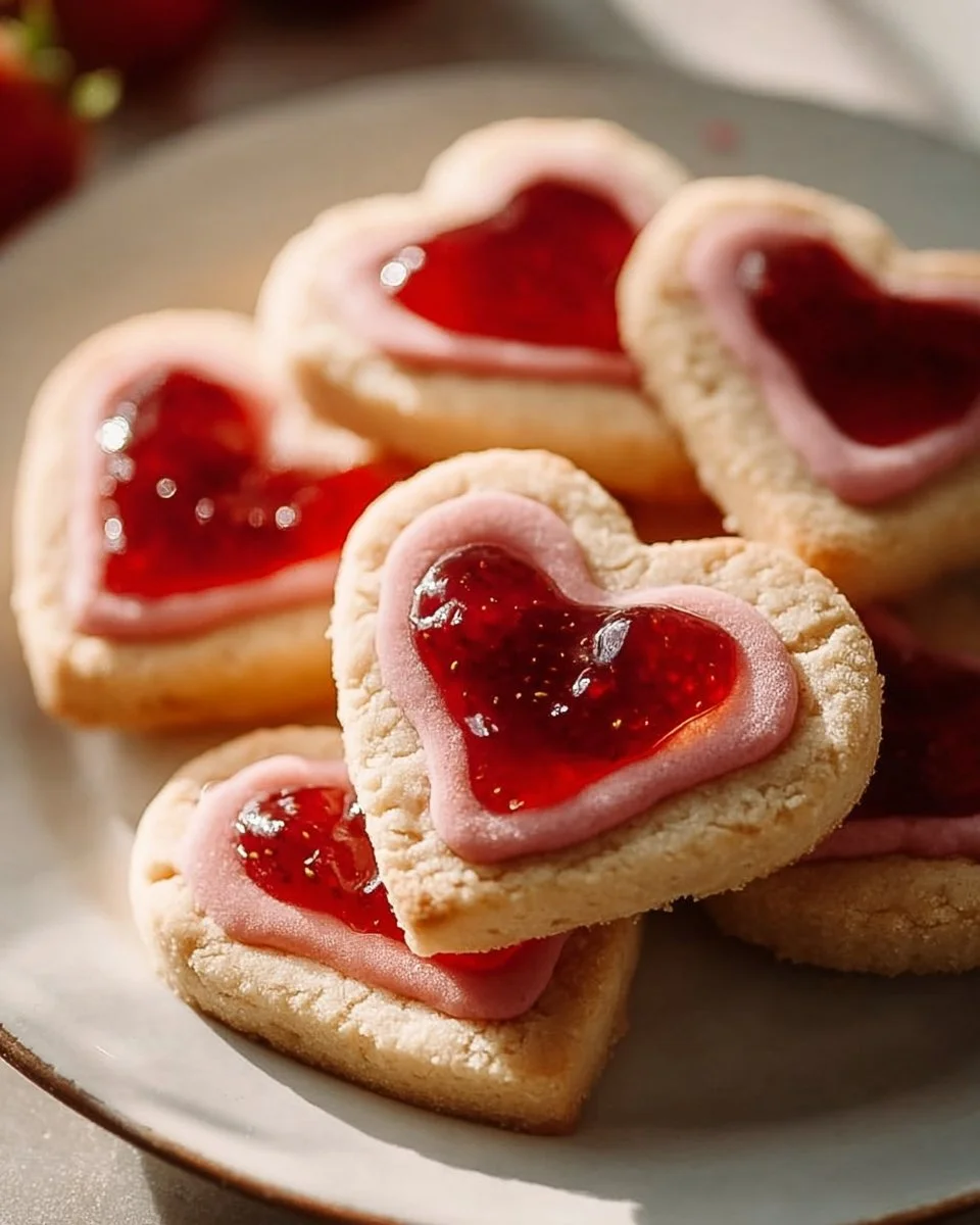 Heart-shaped strawberry shortbread cookies on a decorative plate