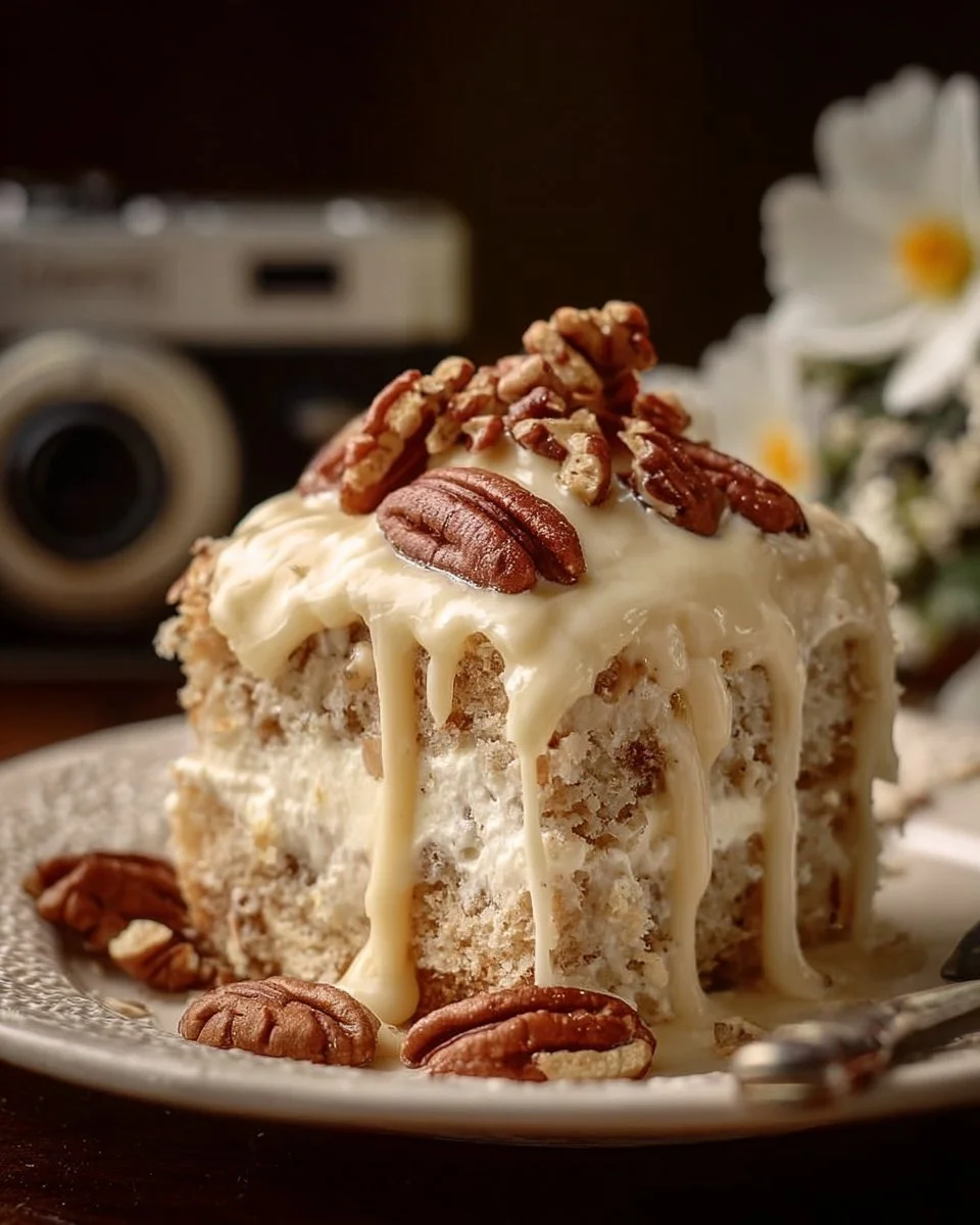 Delicious Butter Pecan Three Milks Cake topped with pecans and creamy frosting