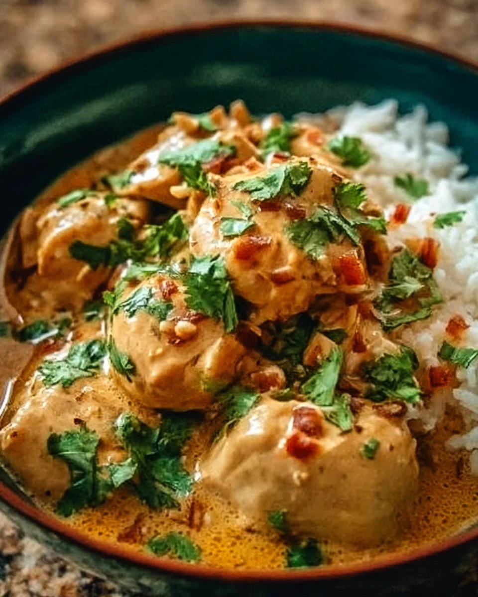 Crockpot Thai Peanut Chicken served with fresh vegetables in a bowl