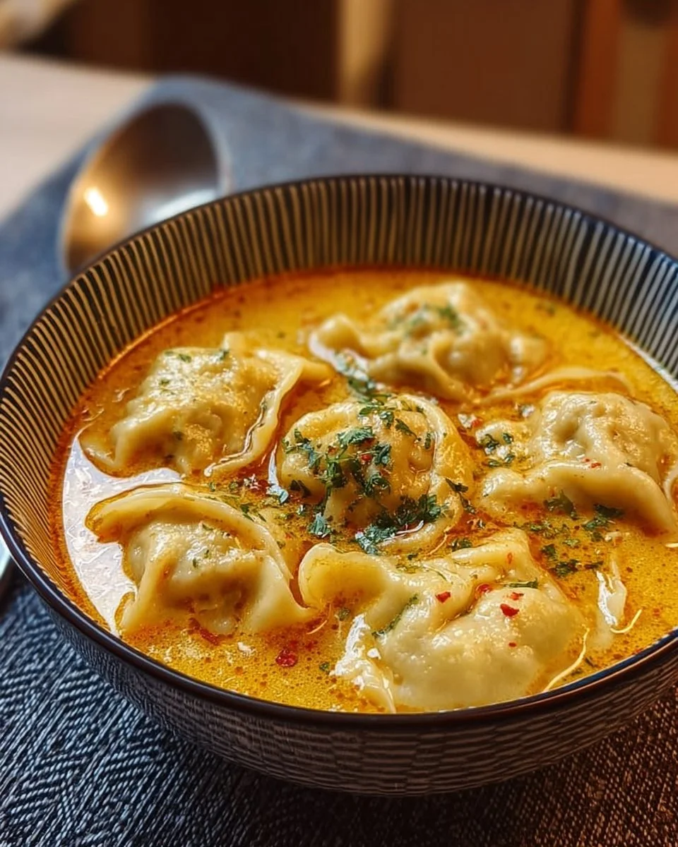 Delicious bowl of Curry Dumpling Soup with colorful spices and dumplings
