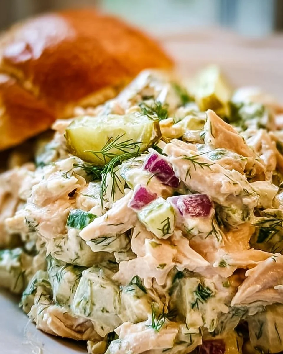 Flavored dill pickle chicken salad garnished with fresh herbs and pickles.