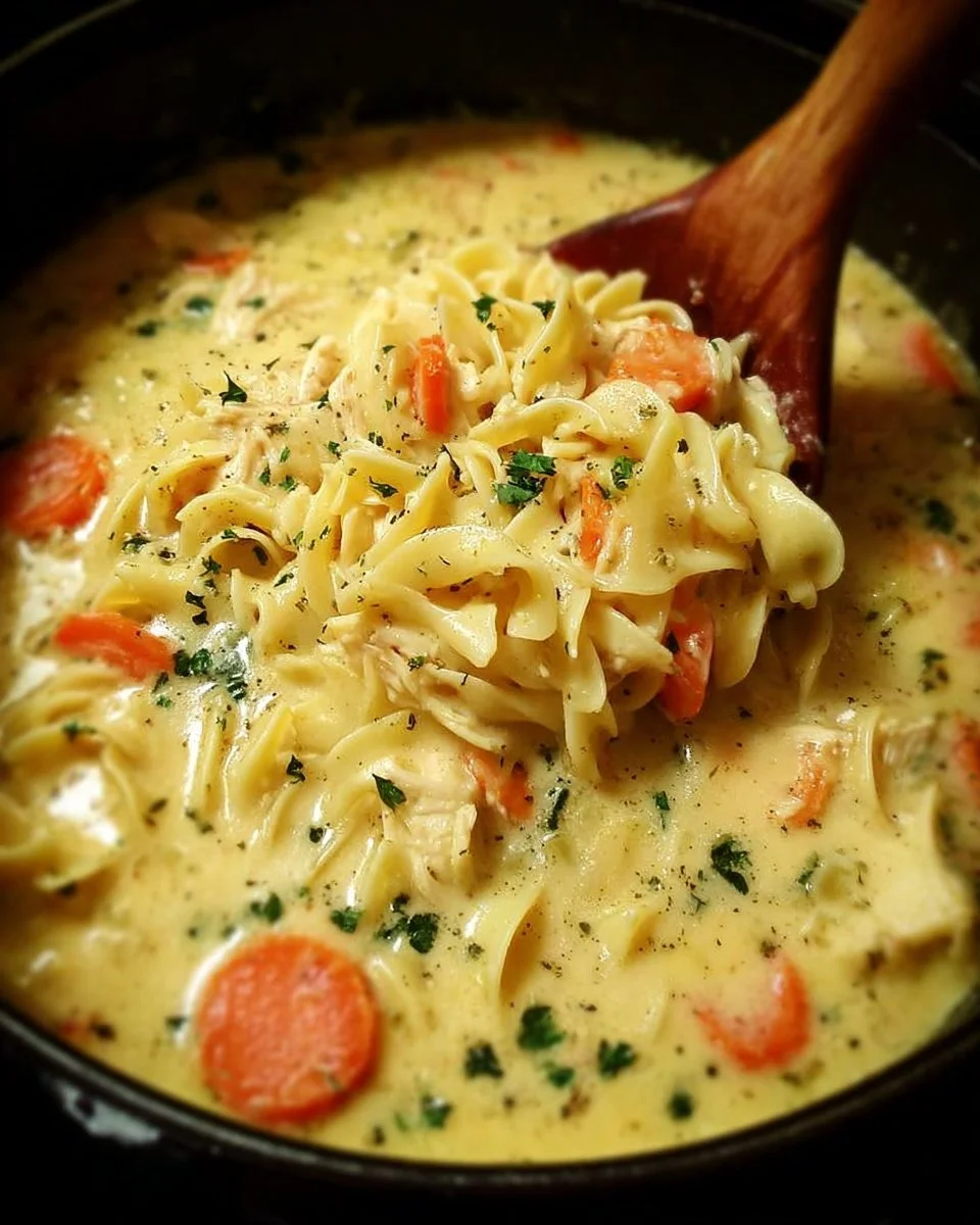 Bowl of creamy crack chicken noodle soup garnished with herbs