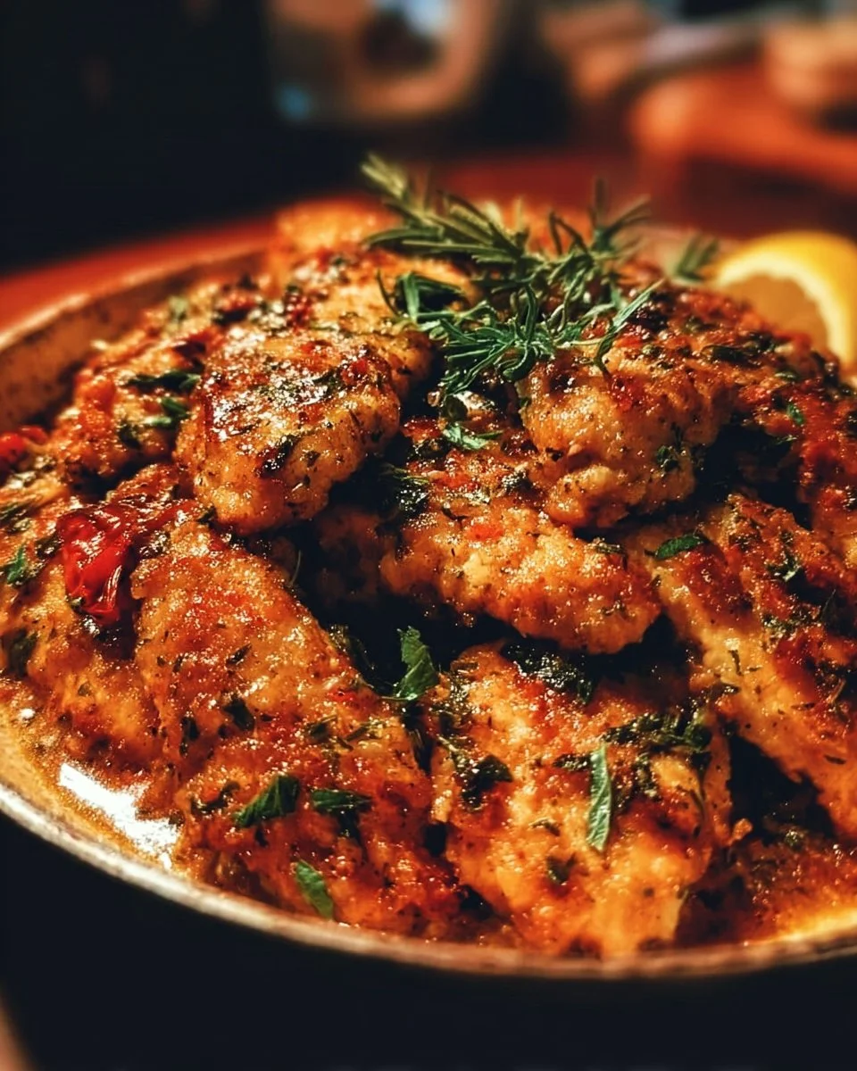 Plate of flavorful Mediterranean Chicken Tenders garnished with herbs