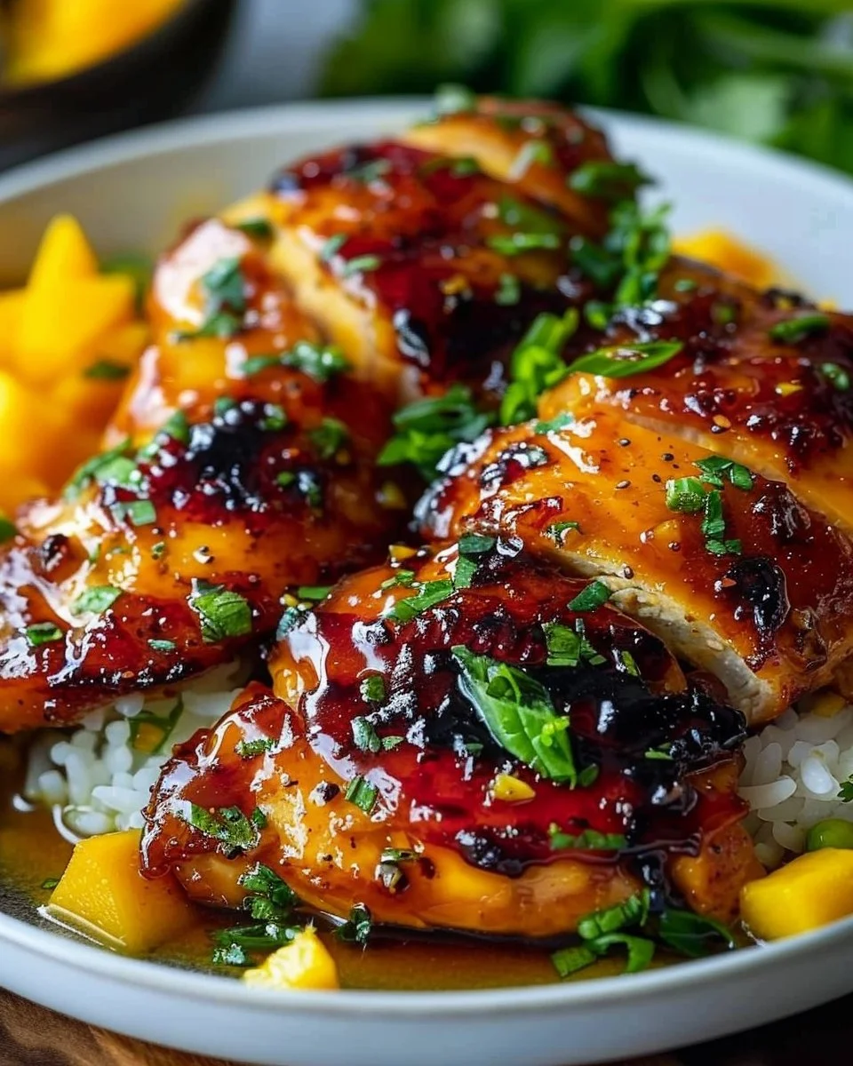 Asian Mango Glazed Chicken plated with fresh herbs and garnishes.