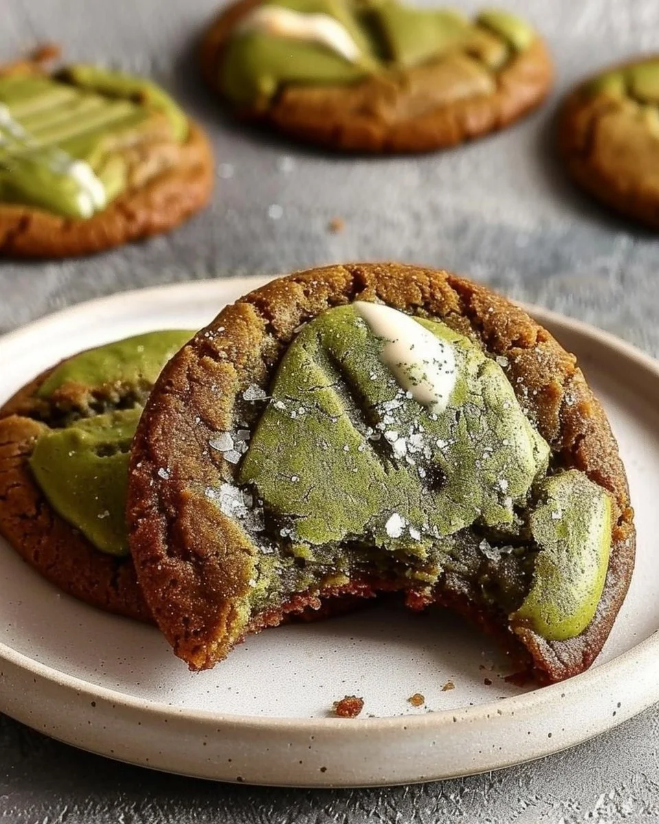 Brown Butter Matcha Cookies on a plate, showcasing their lush green color.