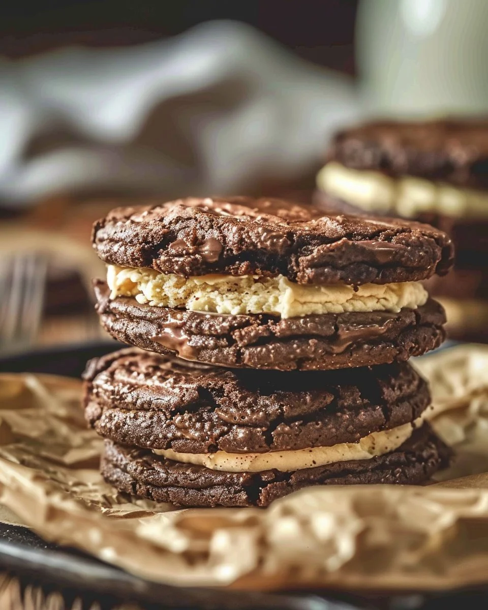 Delicious brownie cookie dough sandwich cookies on a wooden platter.