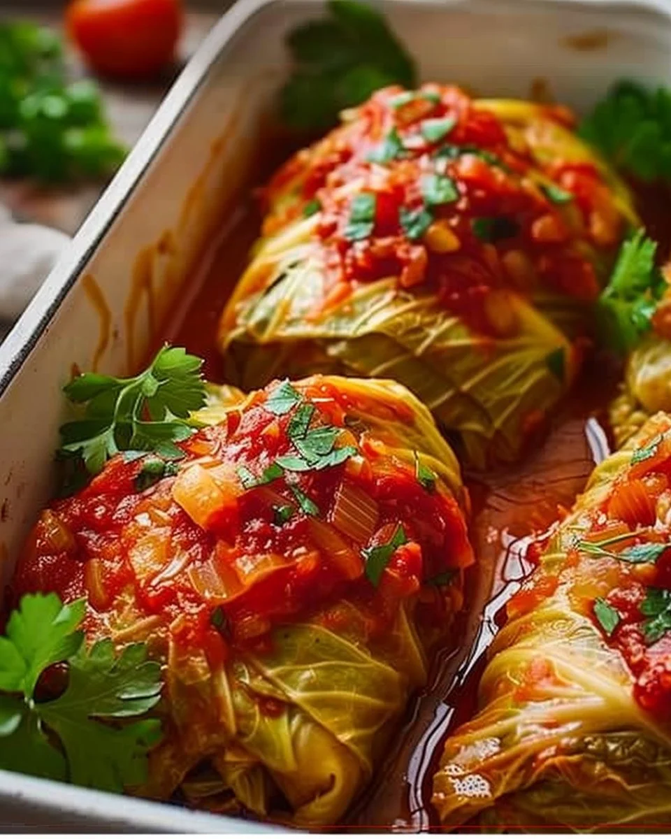 Homemade cabbage rolls stuffed with meat and rice, served on a plate.