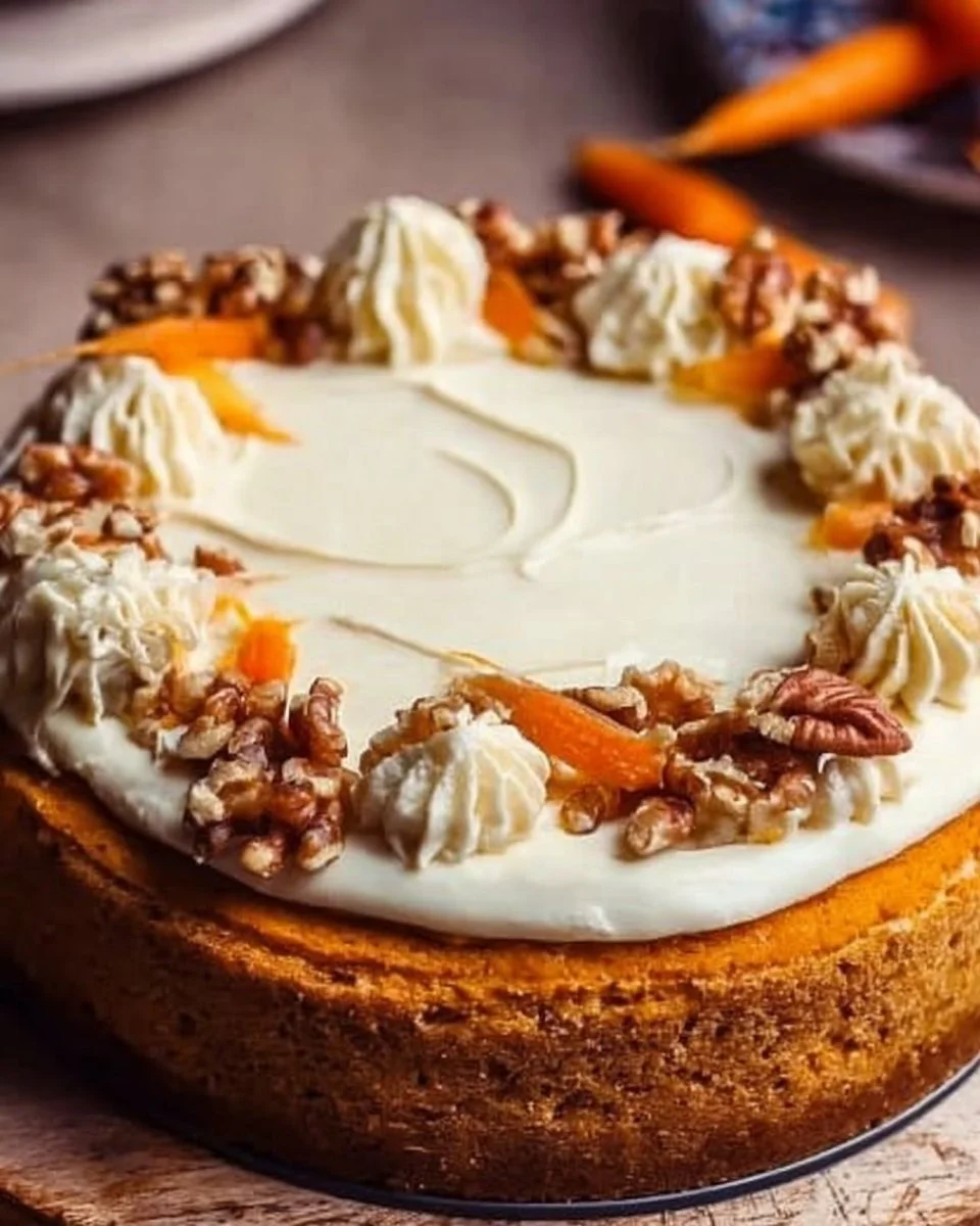 Delicious carrot cake cheesecake slice topped with cream and nuts