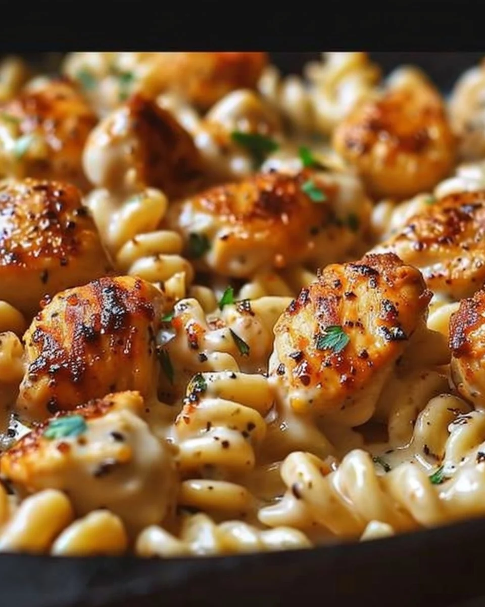 Cheesy Cajun Garlic Chicken Rotini Skillet dish garnished with herbs