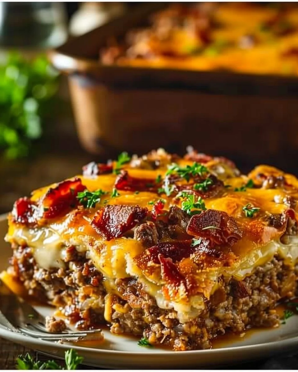 Cheesy Loaded Meatloaf Casserole served in a baking dish with melted cheese on top.
