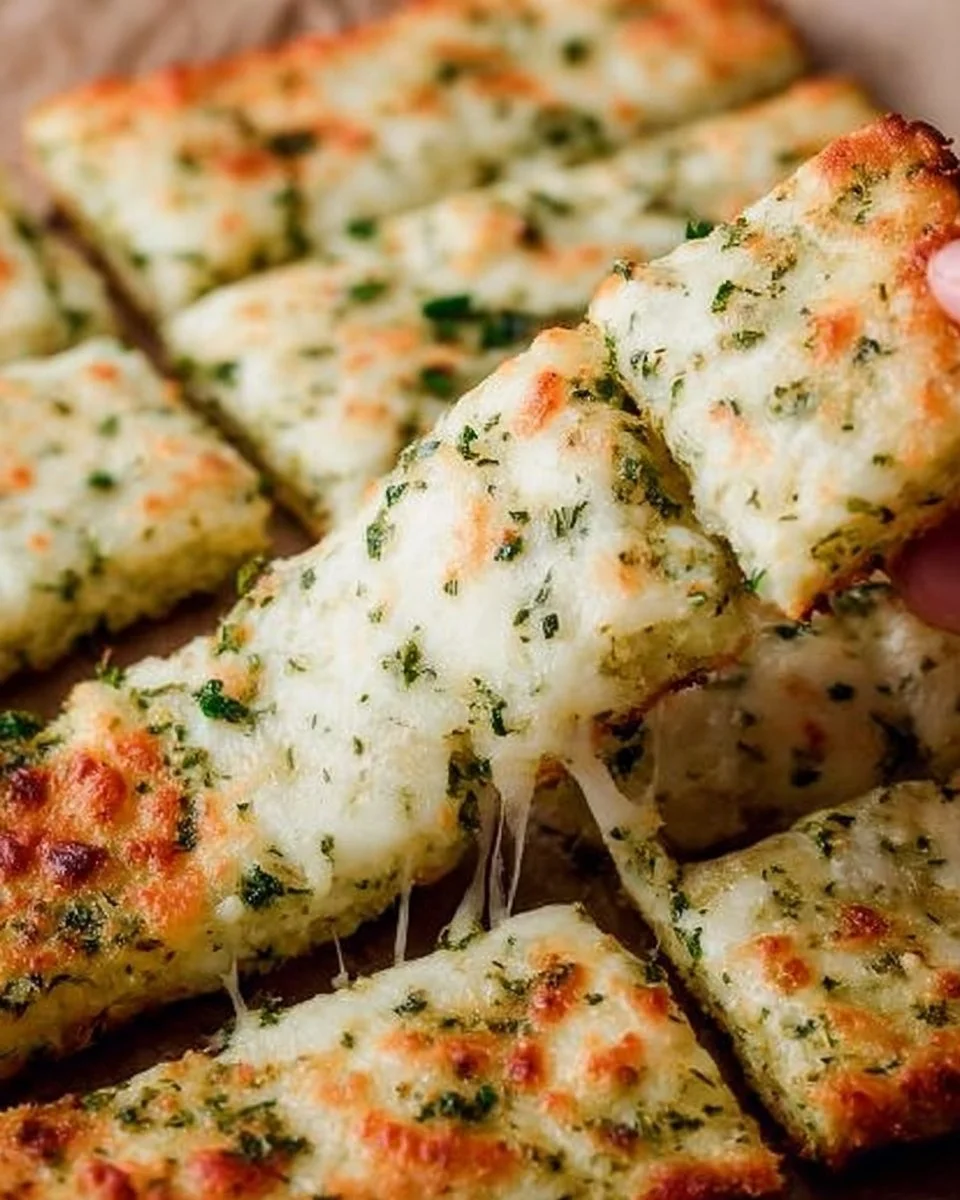 Cheesy zucchini breadsticks served on a plate with fresh herbs.