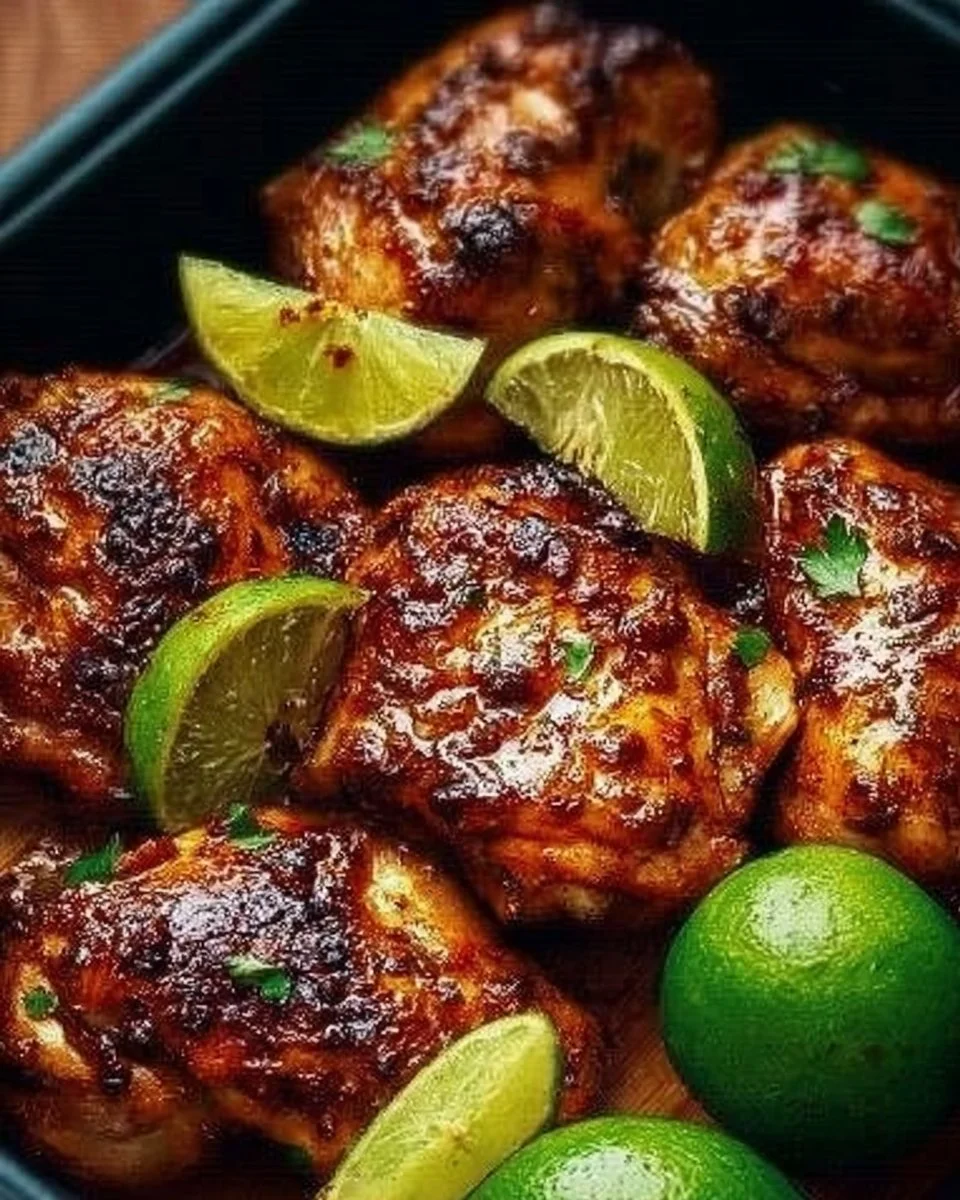 Deliciously grilled Chili Lime Chicken garnished with fresh herbs and lime wedges.