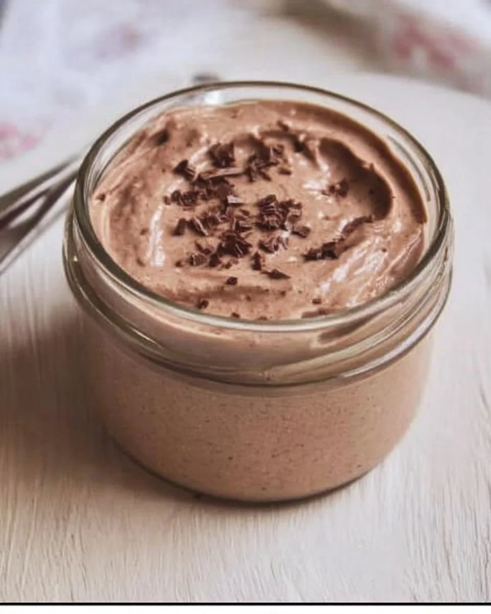 Delicious bowl of Chocolate Greek Yogurt Mousse topped with chocolate shavings