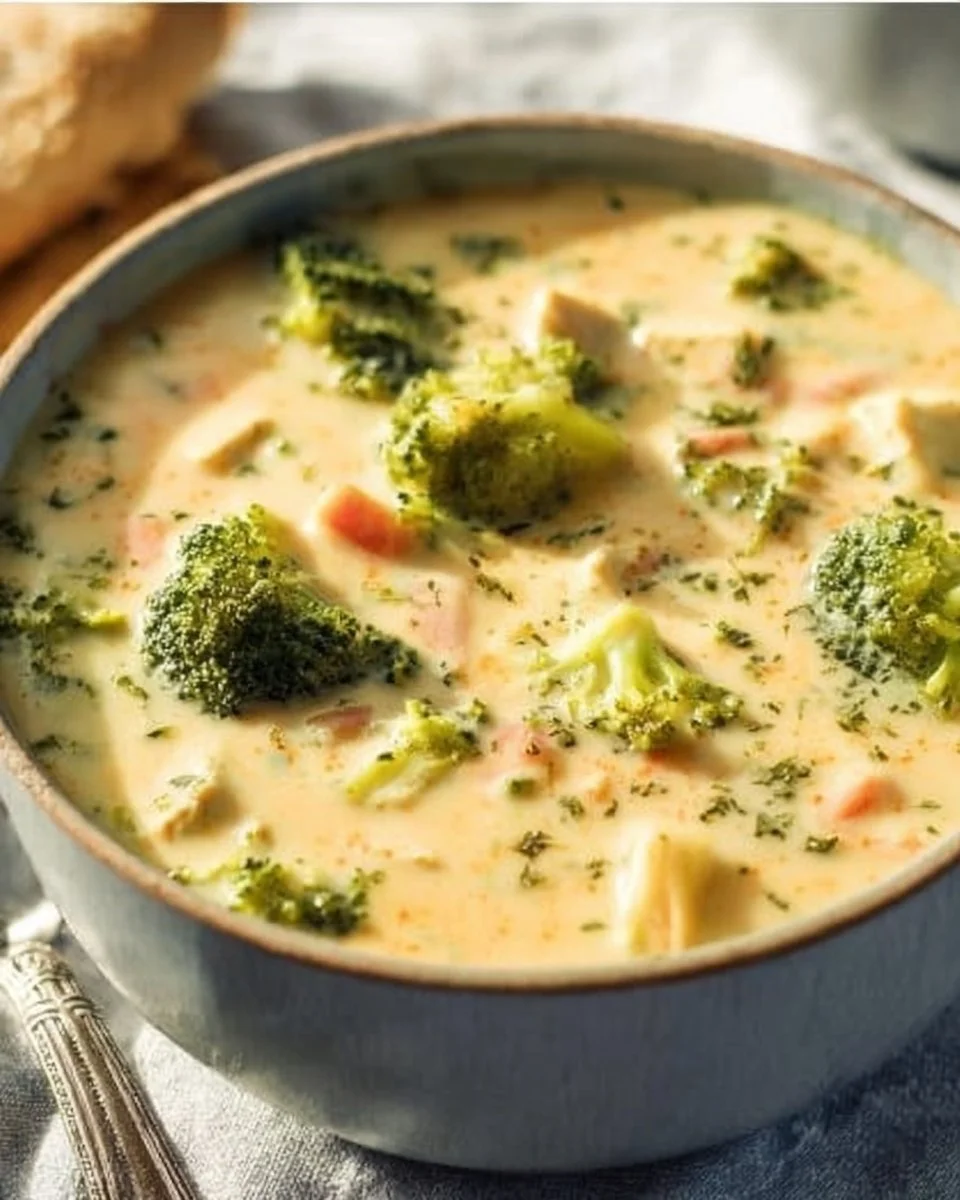 Bowl of creamy chicken broccoli soup with fresh ingredients