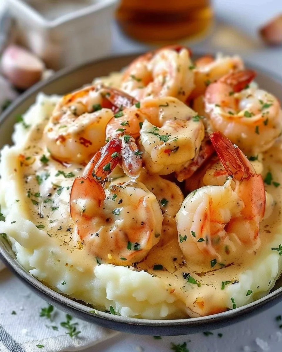 Creamy Garlic Shrimp Over Mashed Potatoes