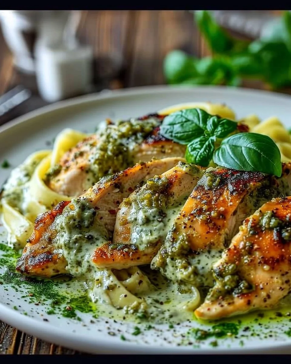 Creamy pesto chicken served with fresh basil and pasta.