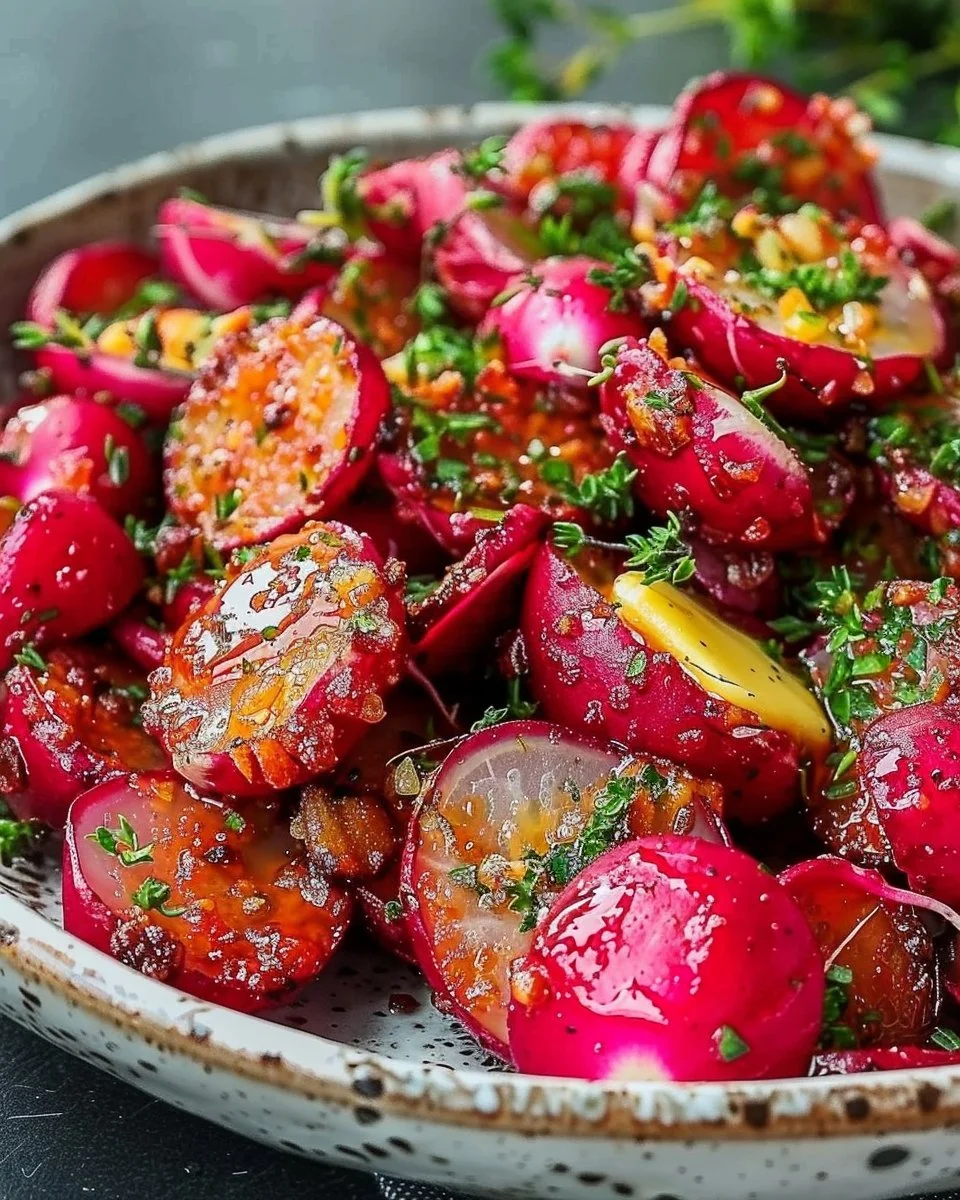 Crispy garlic butter roasted radishes served in a bowl.