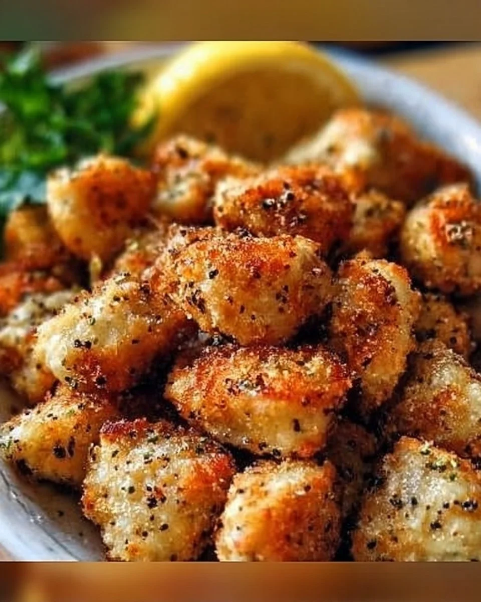 Crispy lemon pepper chicken bites served on a plate with lemon wedges.