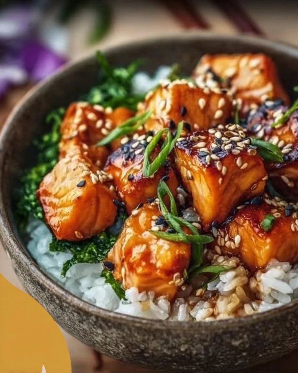 Crispy salmon rice bowl with fresh vegetables and savory sauce