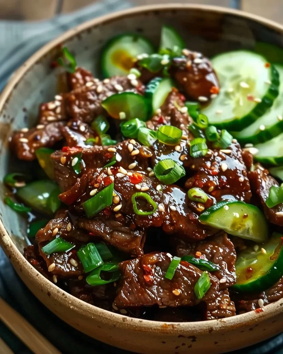 Delicious spicy Keto Korean Beef served with a refreshing cucumber salad