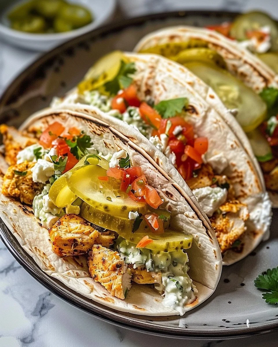 Dill Pickle Ranch Smash Chicken Tacos served with toppings and garnishes