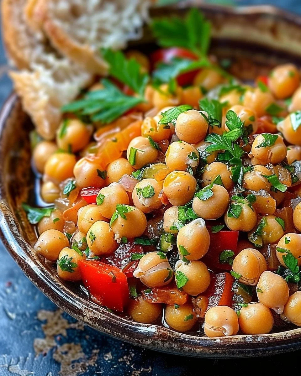 Bowl of slow cooker Mediterranean chickpeas garnished with herbs and spices