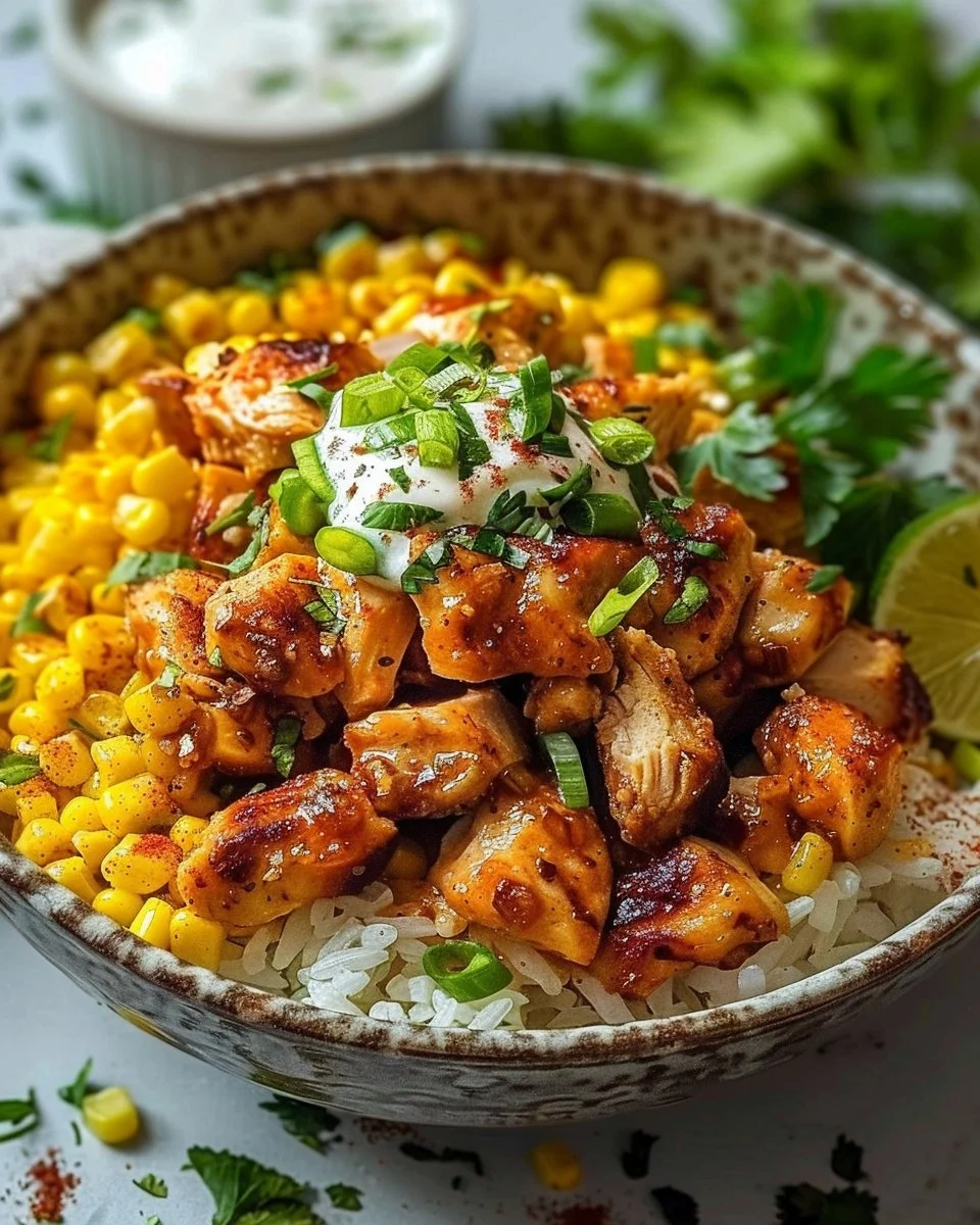 Easy Street Corn Chicken Rice Bowl topped with fresh ingredients and vibrant colors.