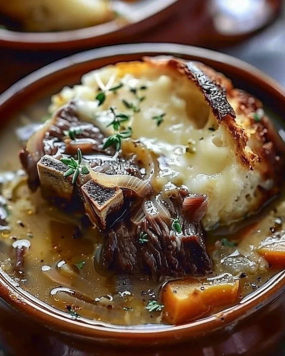 Delicious bowl of French Onion Beef Short Rib Soup garnished with herbs