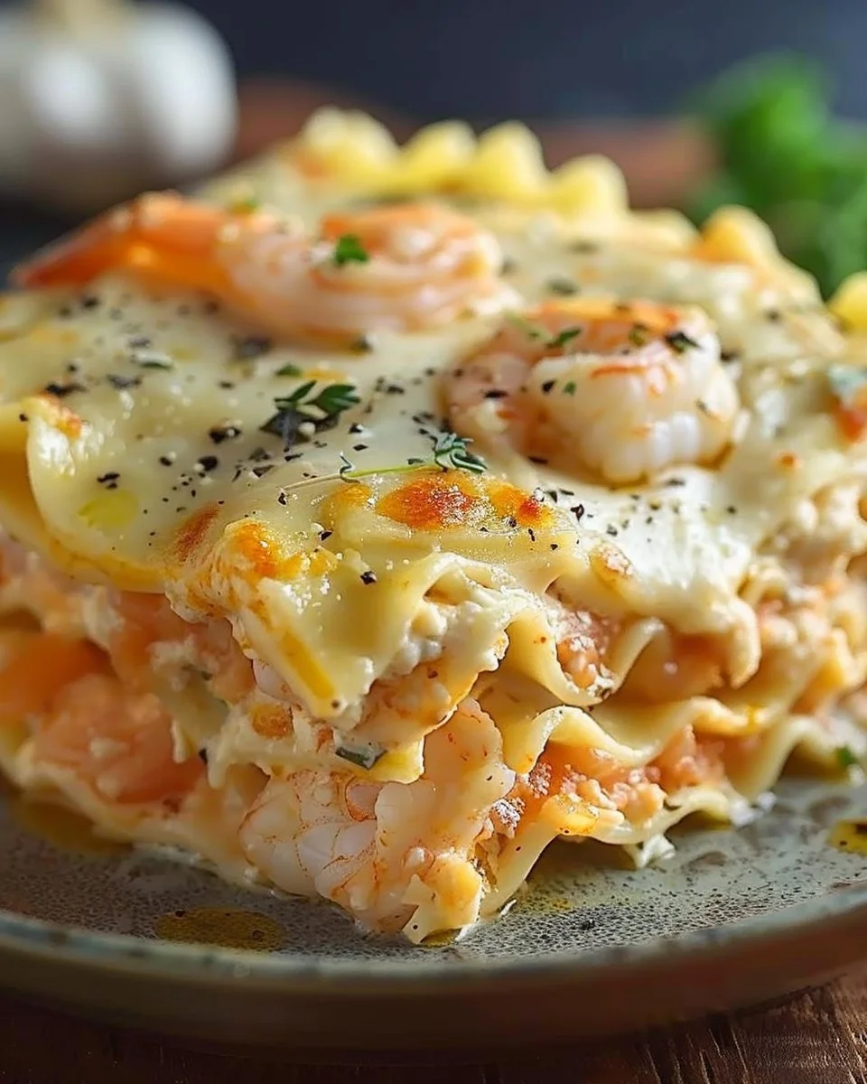Delicious Garlic Butter Shrimp Scampi Lasagna served on a plate