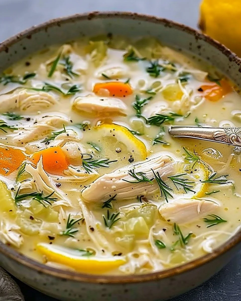 A bowl of creamy Greek Lemon Chicken Soup (Avgolemono) garnished with fresh herbs.