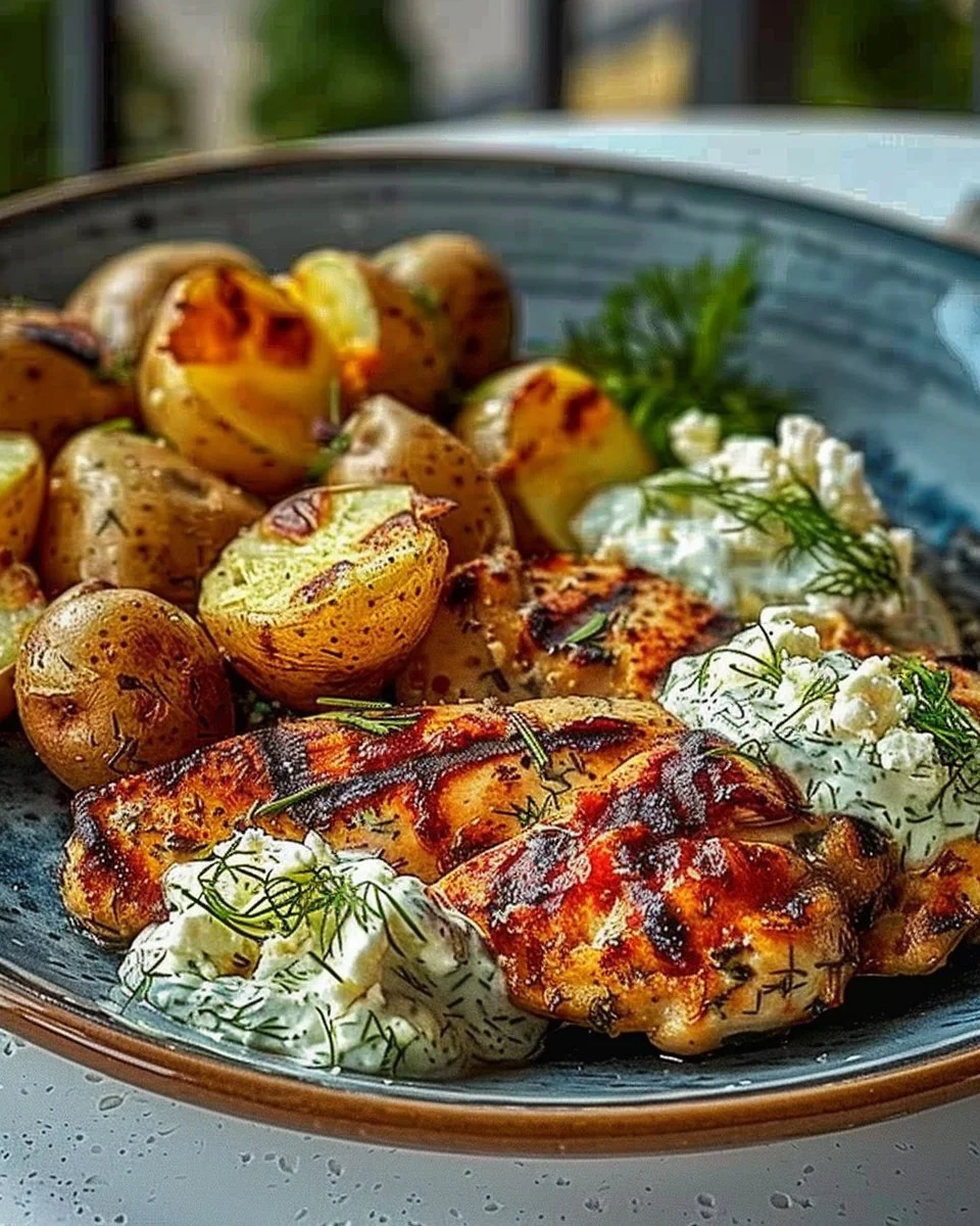 Grilled chicken served with dill feta cream and baby potatoes on a plate.