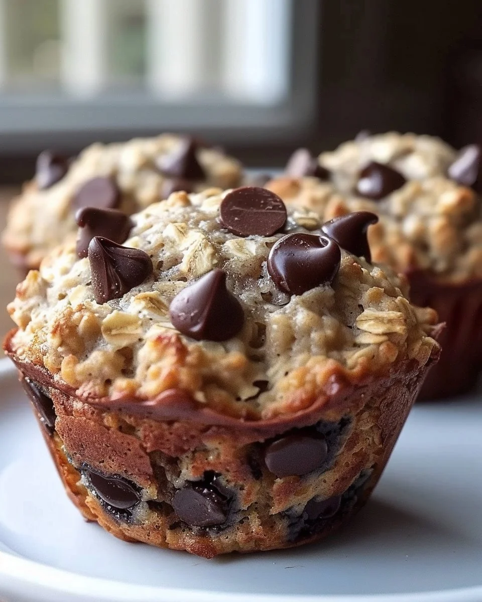 Hearty oatmeal chocolate chip muffins on a plate for breakfast