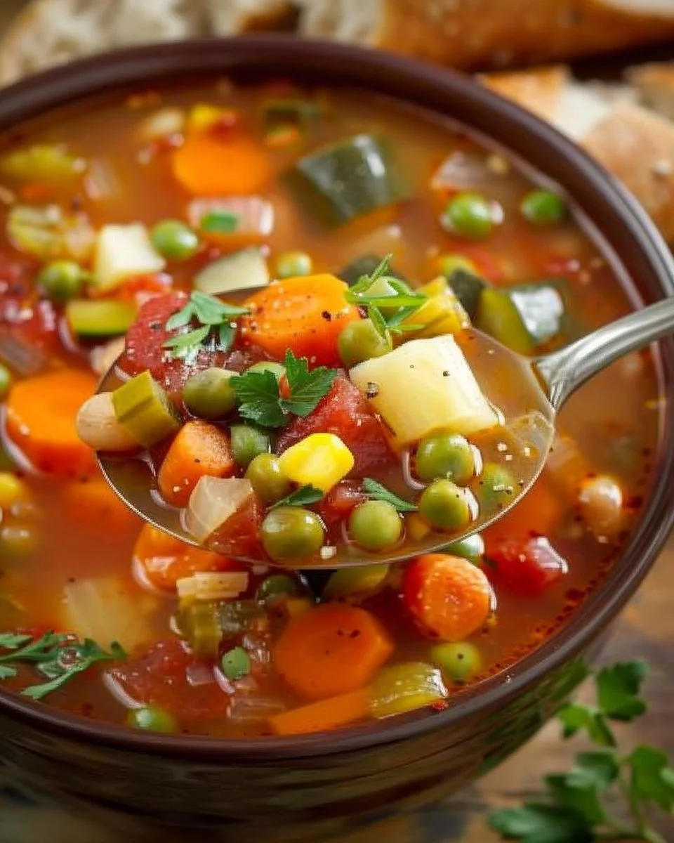 Bowl of hearty vegetable soup filled with colorful vegetables and herbs.