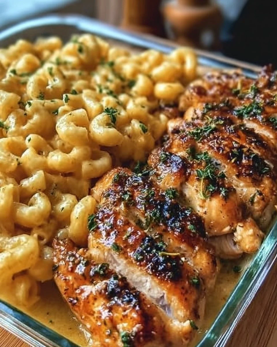 Delicious Honey Garlic Butter Chicken served with creamy Mac & Cheese