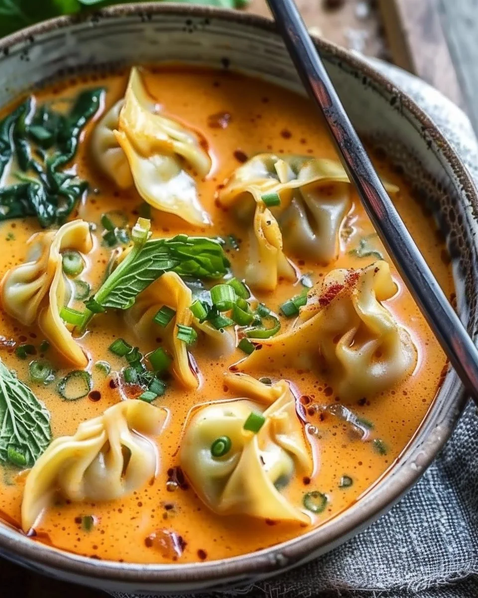 Bowl of Thai Red Curry Wonton Soup garnished with herbs and spices