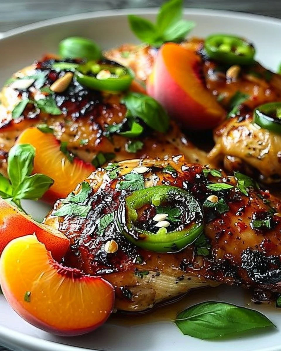 Succulent Jalapeño Peach Chicken dish garnished with fresh herbs