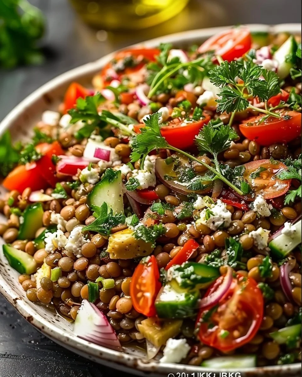 Bowl of colorful Mediterranean Lentil Salad with fresh vegetables and herbs