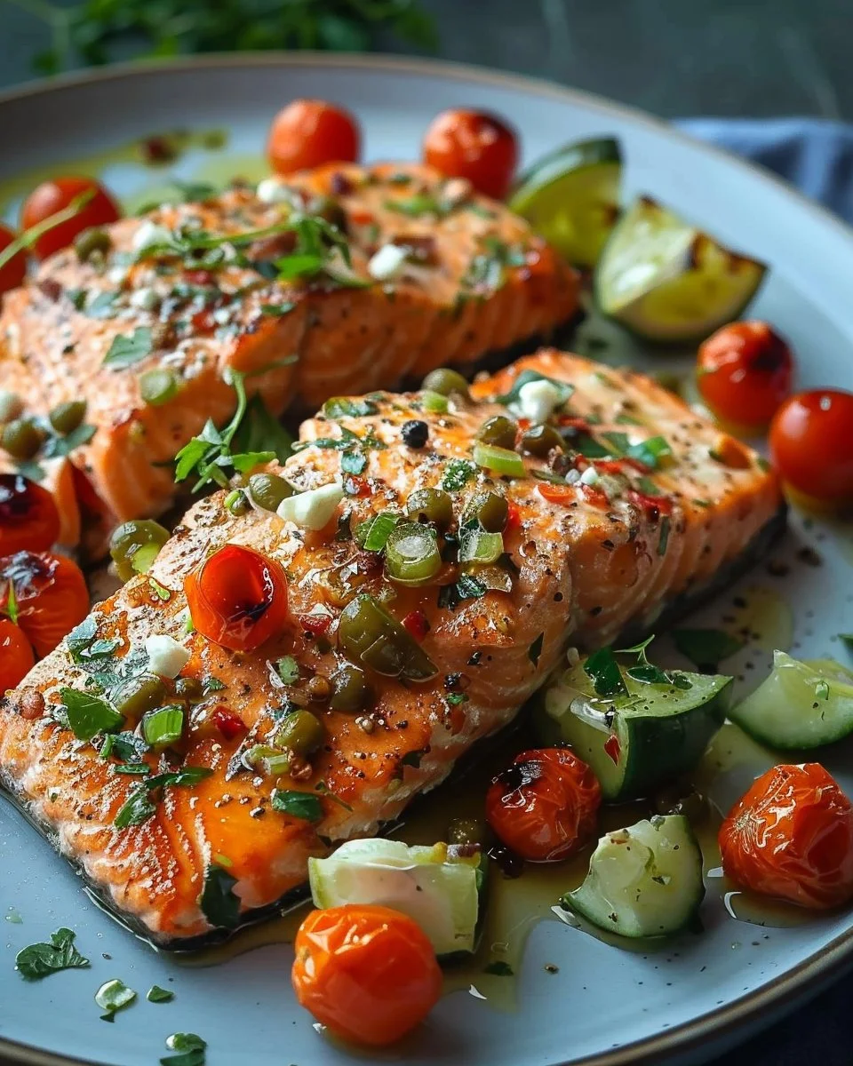 Delicious Mediterranean Salmon garnished with herbs and lemon.