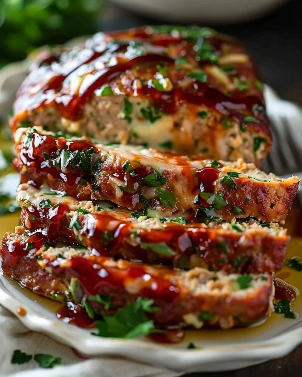 Melt-in-your-mouth garlic parmesan chicken meatloaf served with herbs