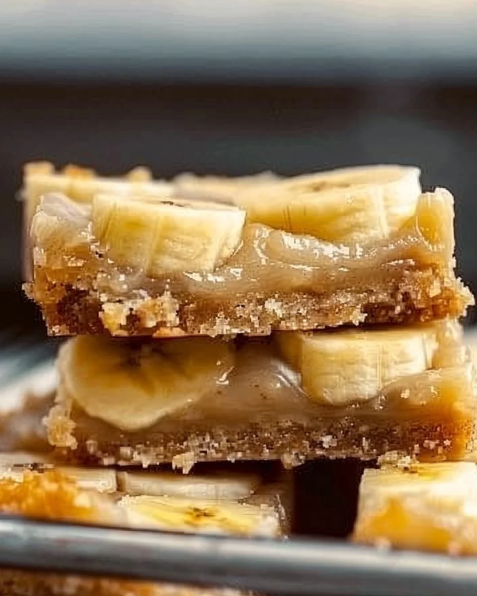 Deliciously gooey banana bars topped with a creamy glaze
