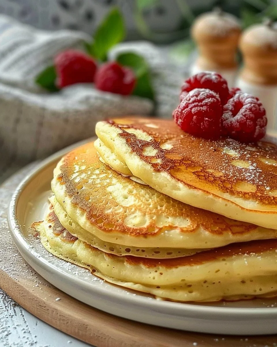 Flourless quark pancakes stacked on a plate with fresh berries and syrup