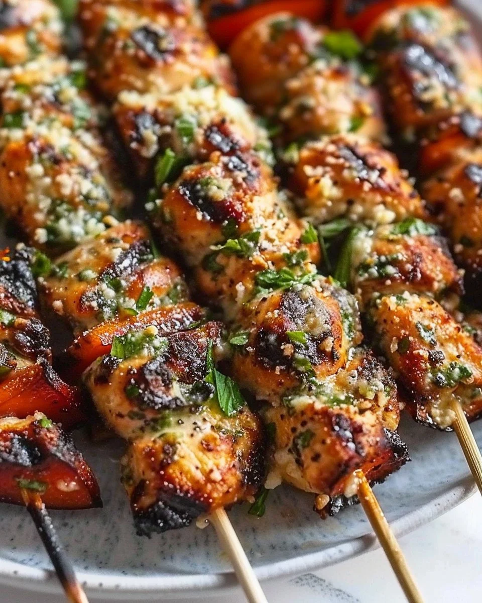 Ranch Garlic Parmesan Chicken Skewers ready for grilling