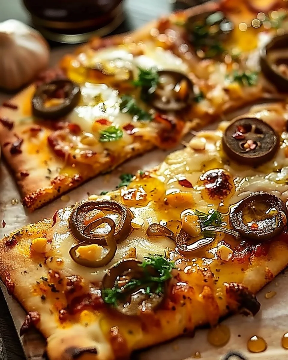 Savory hot honey flatbread pizza topped with cheese and spicy drizzle.