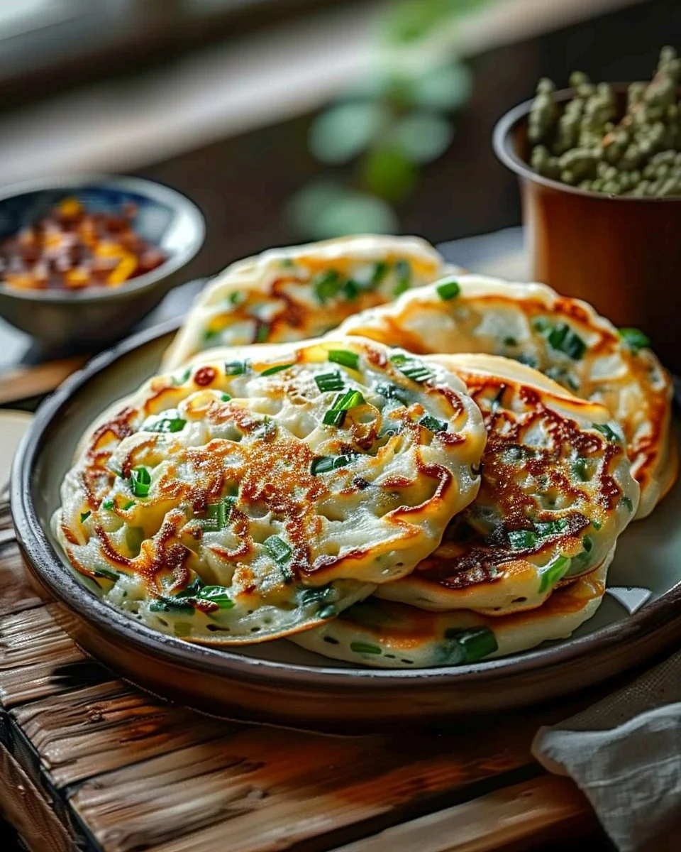 Homemade scallion pancakes served on a plate with dipping sauce.