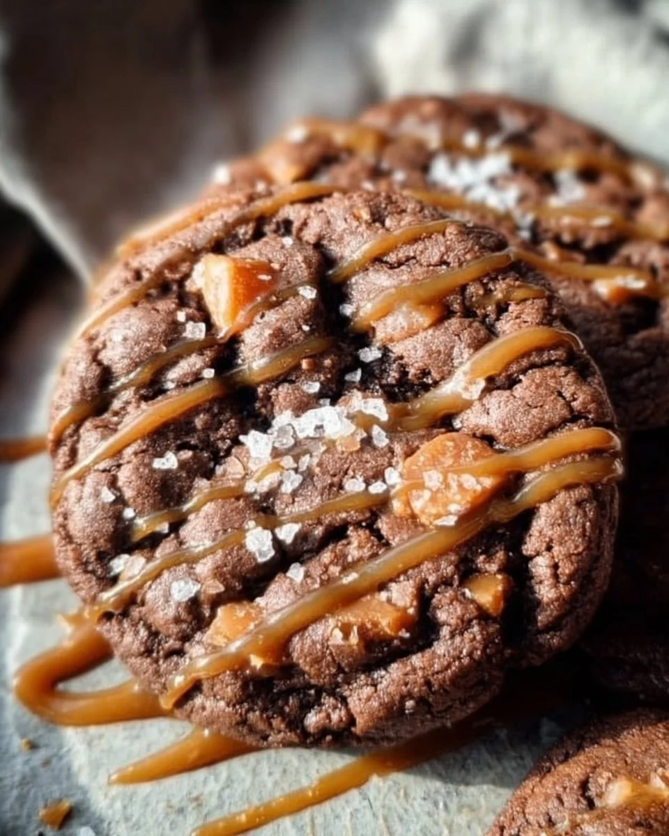 A batch of freshly baked sea salt caramel cookies on a cooling rack.