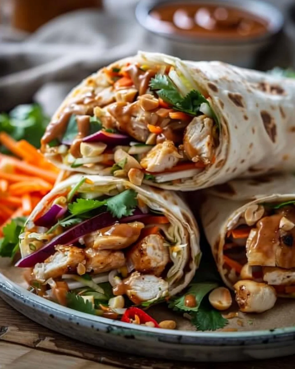 Thai Peanut Chicken Wrap filled with fresh veggies and savory sauce
