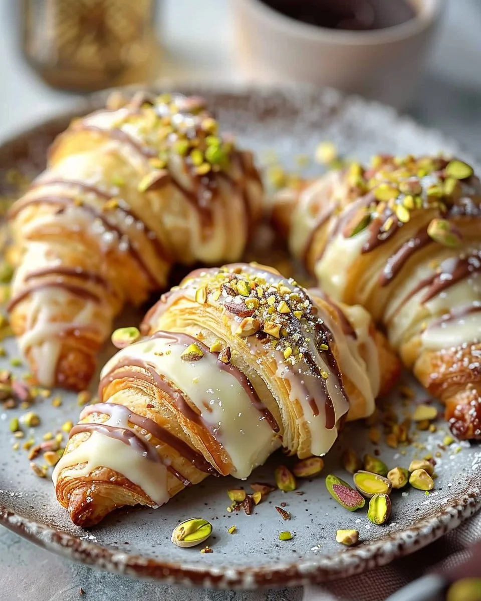 Delicious white chocolate and roasted pistachio croissants on a wooden table